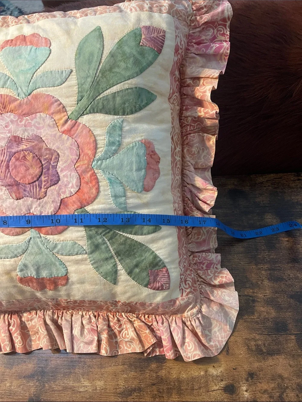 Floral Hand Appliqué Ruffled Throw Pillow in Pink and Green Batik fabric